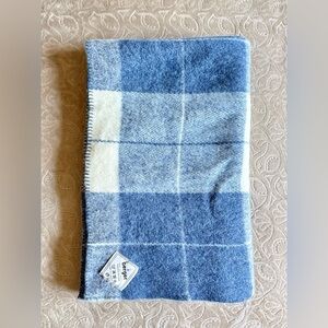 VINTAGE BERGER OF NORWAY BLUE & WHITE PLAID PURE WOOL BLANKET